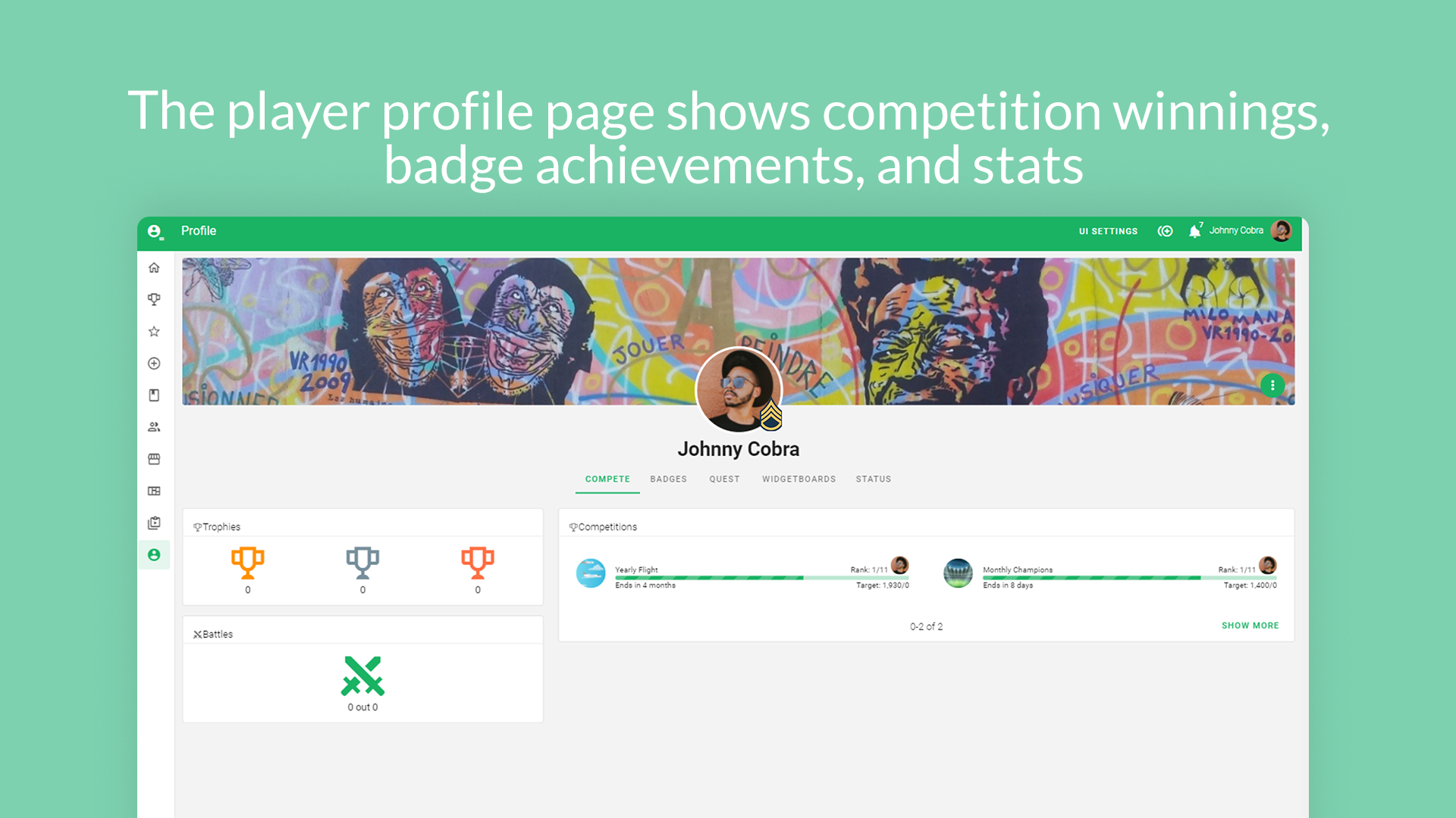 The player profile page shows competition winnings, badge achievements, and stats