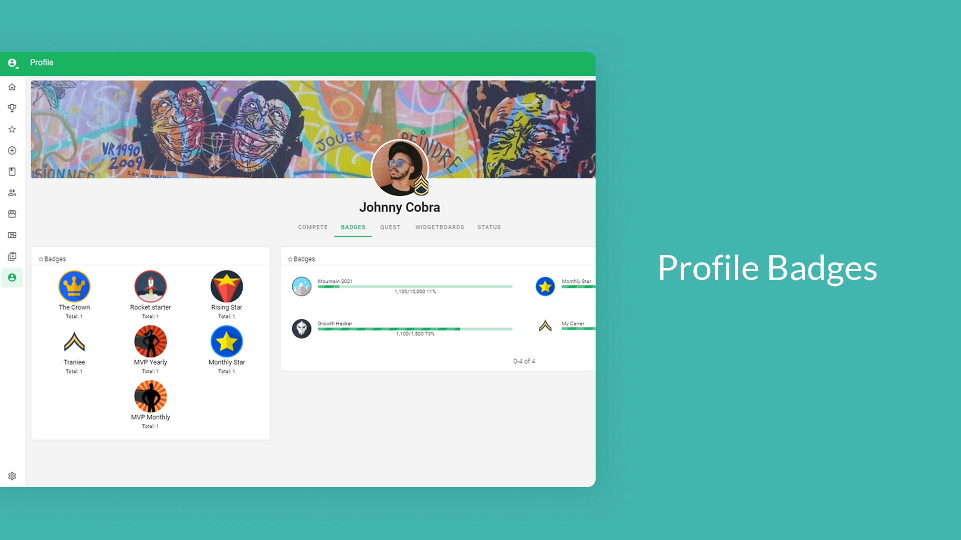 The player profile page shows competition winnings, badge achievements, and stats
