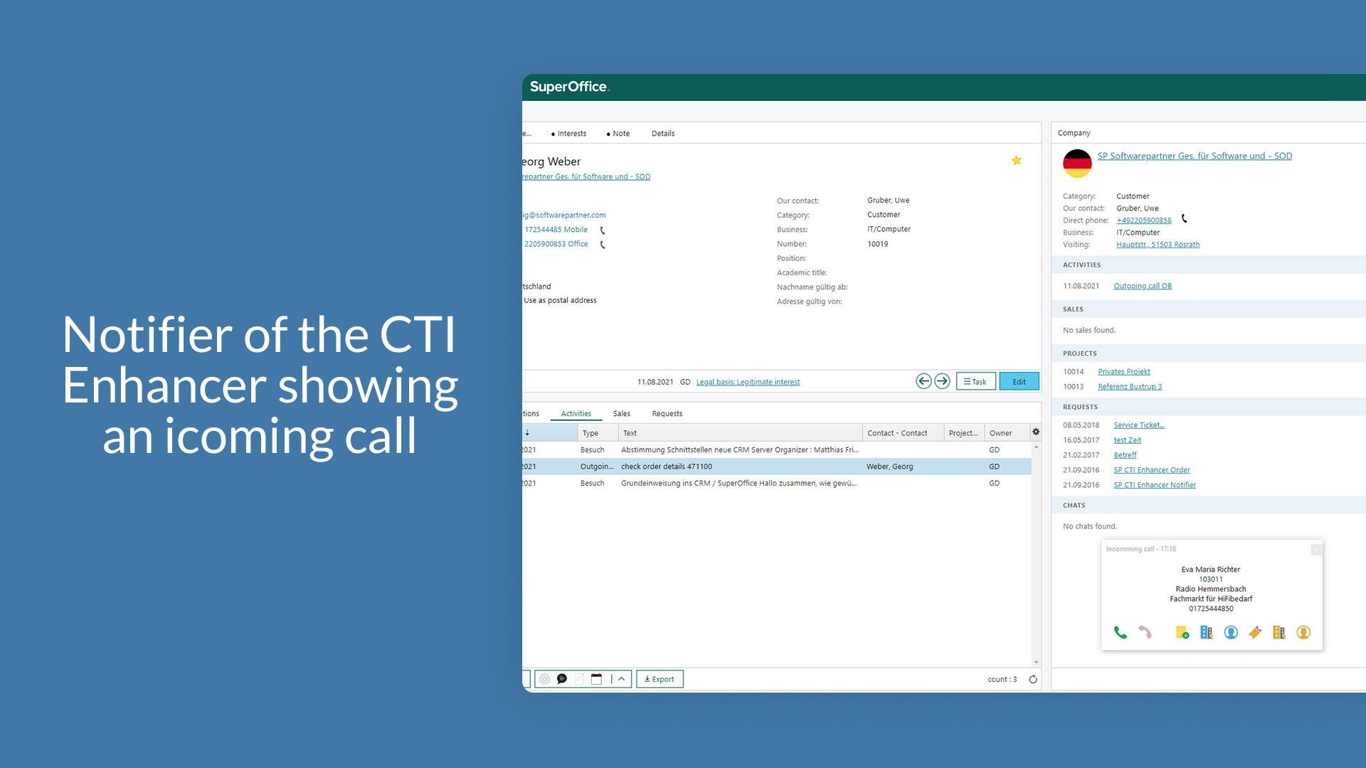 Notifier of the CTI Enhancer showing an icoming call