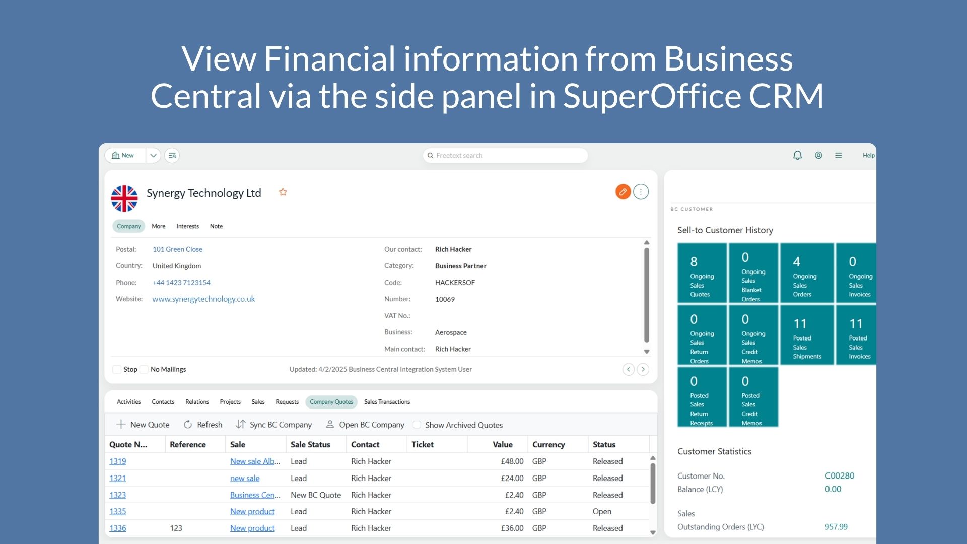 View Financial information from Business Central via the side panel in SuperOffice CRM