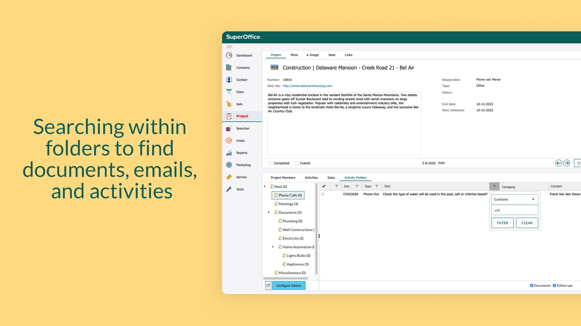 Searching within folders to find documents, emails, and activities