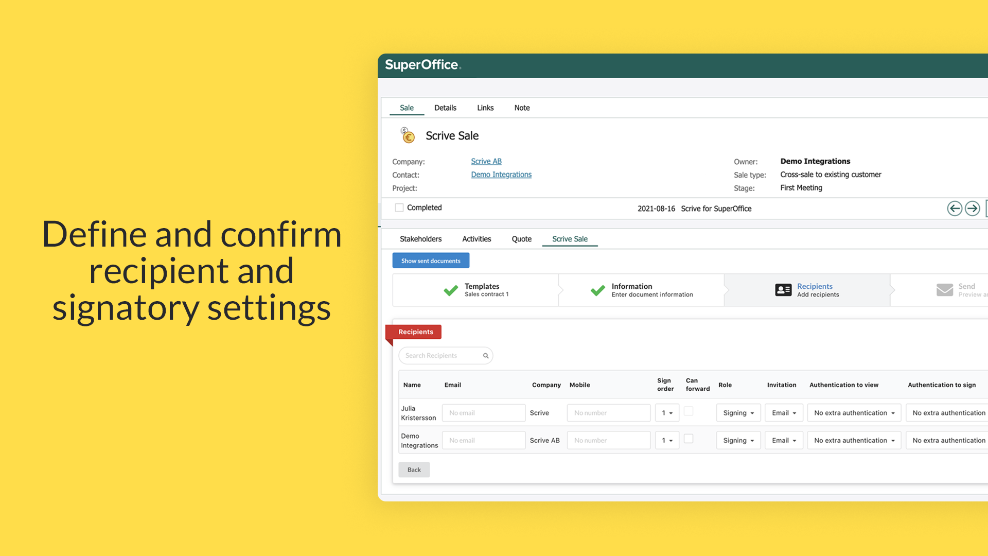 Define and confirm recipient and signatory settings