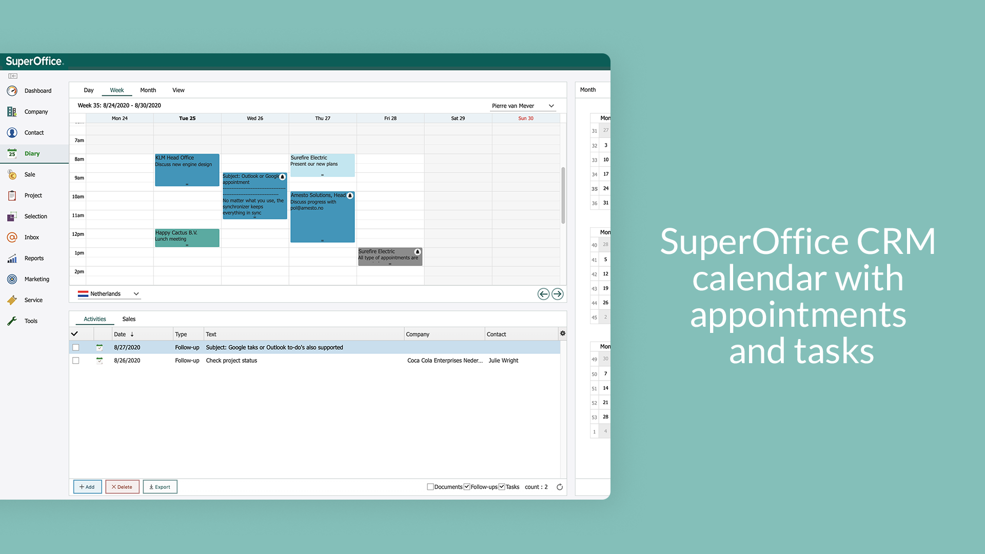 SuperOffice CRM calendar with appointments and tasks