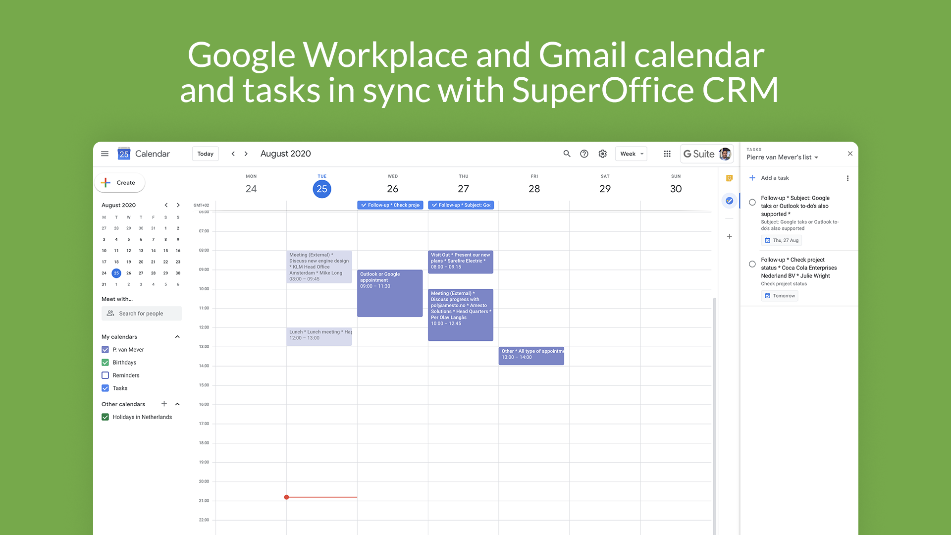 Google Workplace and Gmail calendar and tasks in sync with SuperOffice CRM