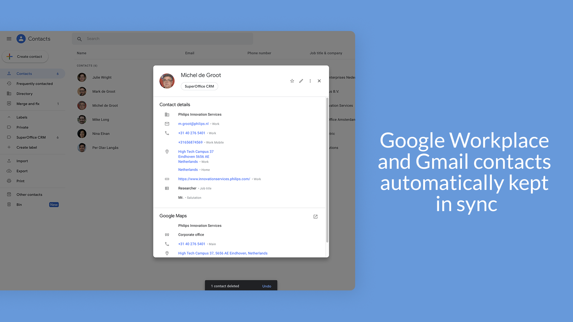 Google Workplace and Gmail contacts automatically kept in sync