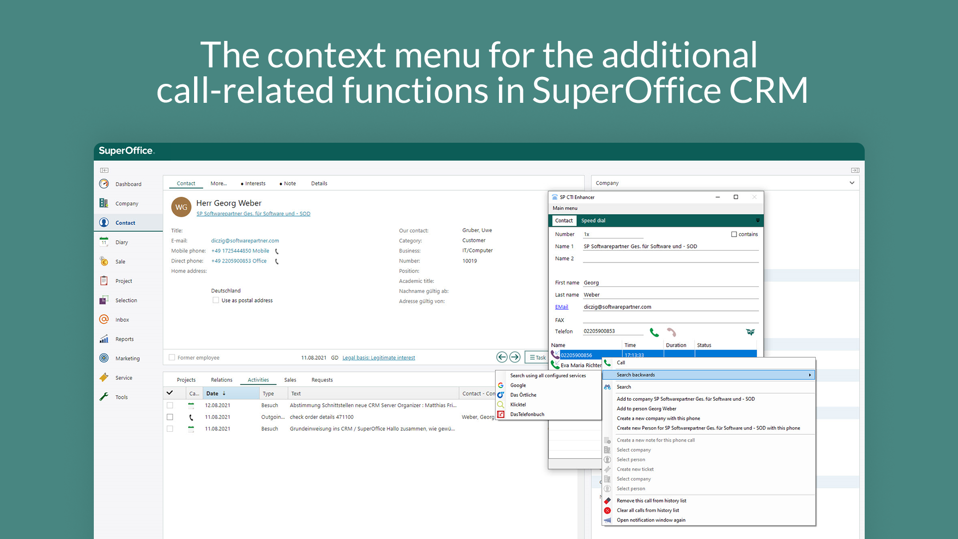 The context menu for the additional call-related functions in SuperOffice