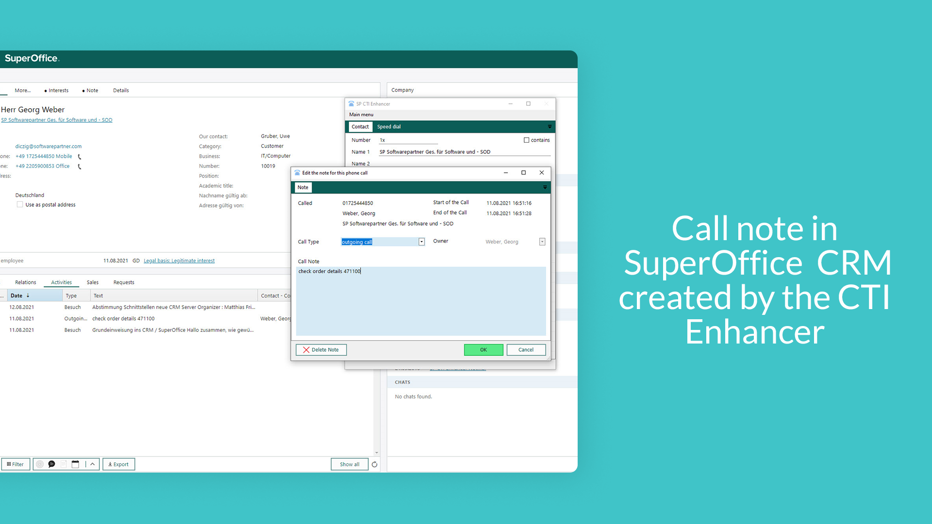 Call note in SuperOffice created by the CTI Enhancer