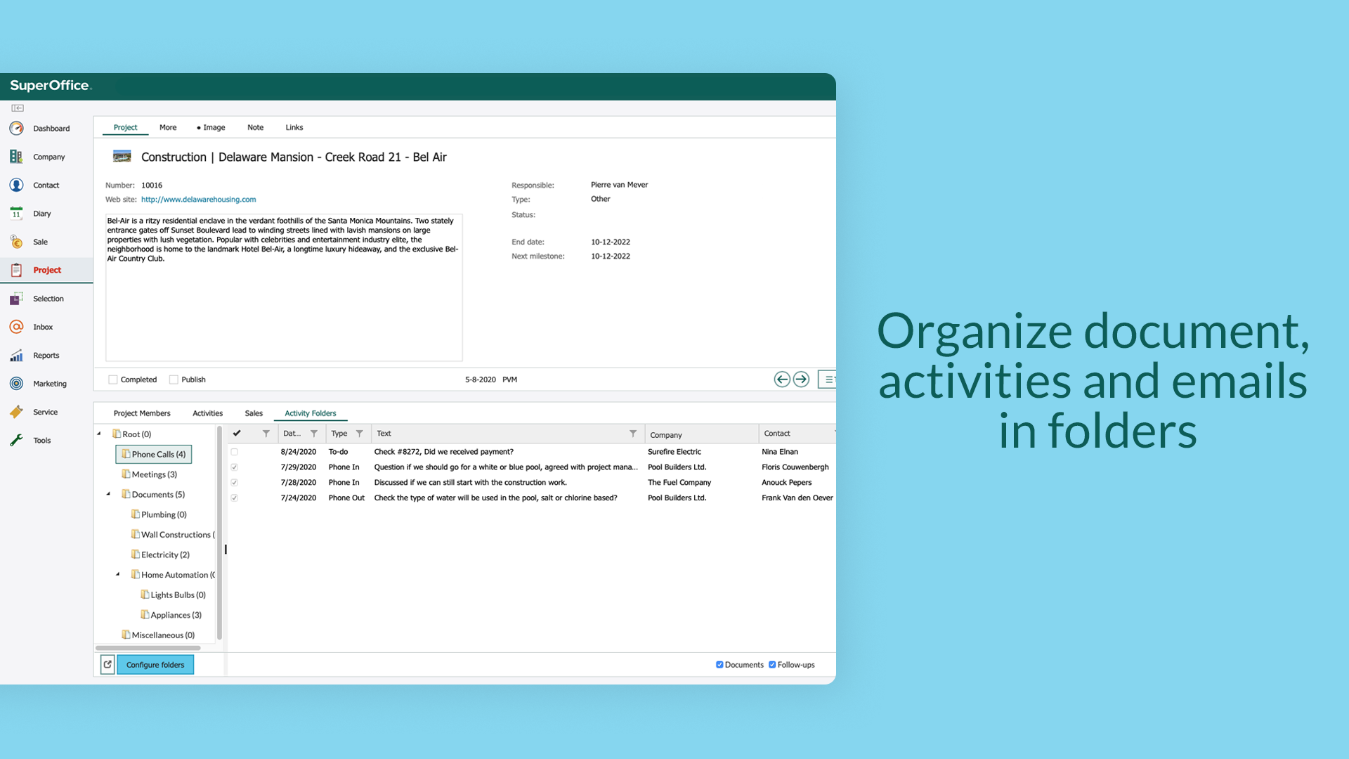 Organize documents, emails, and activities in folders