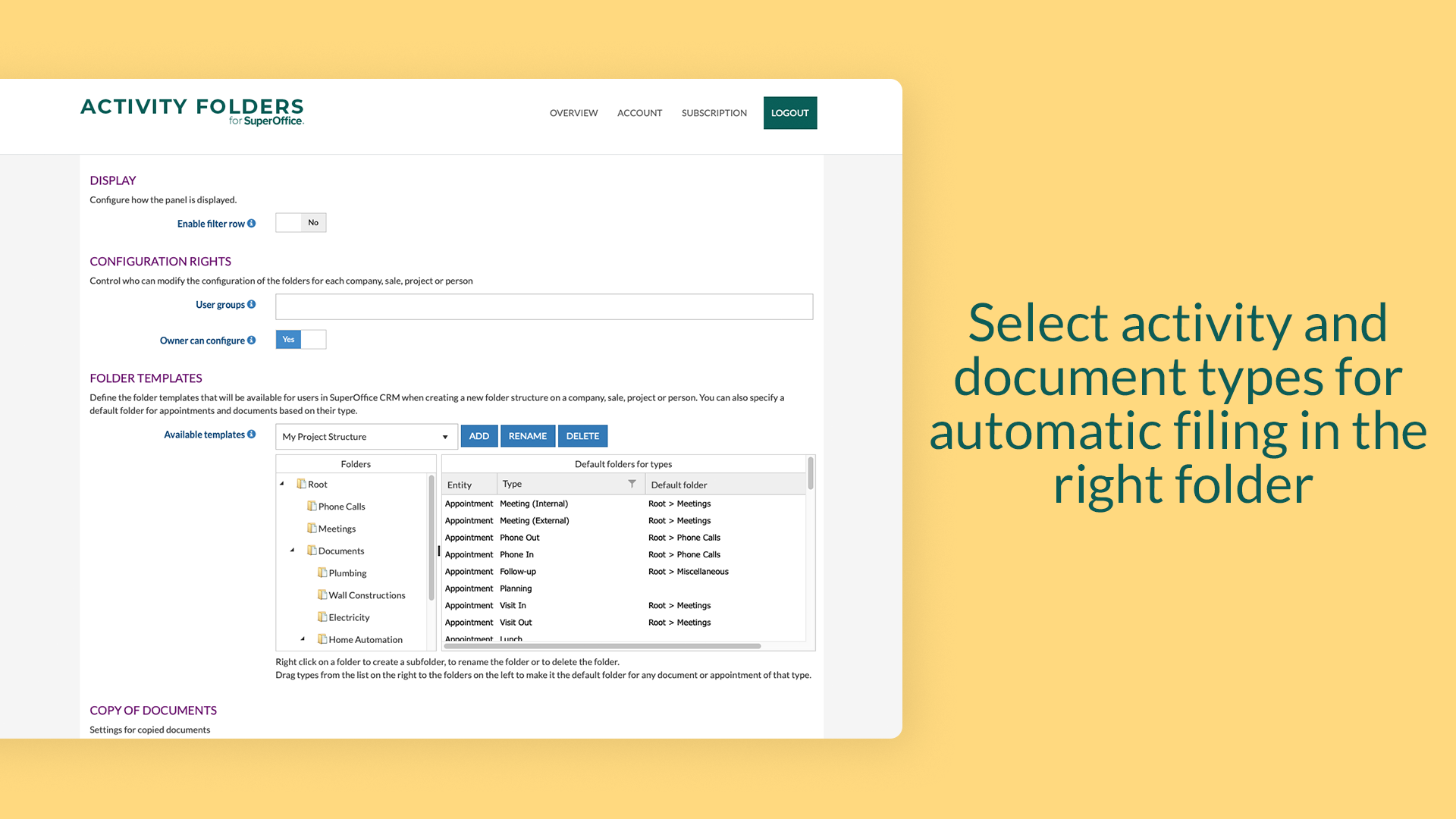 Select activity and document types for automatic filing in the right folder