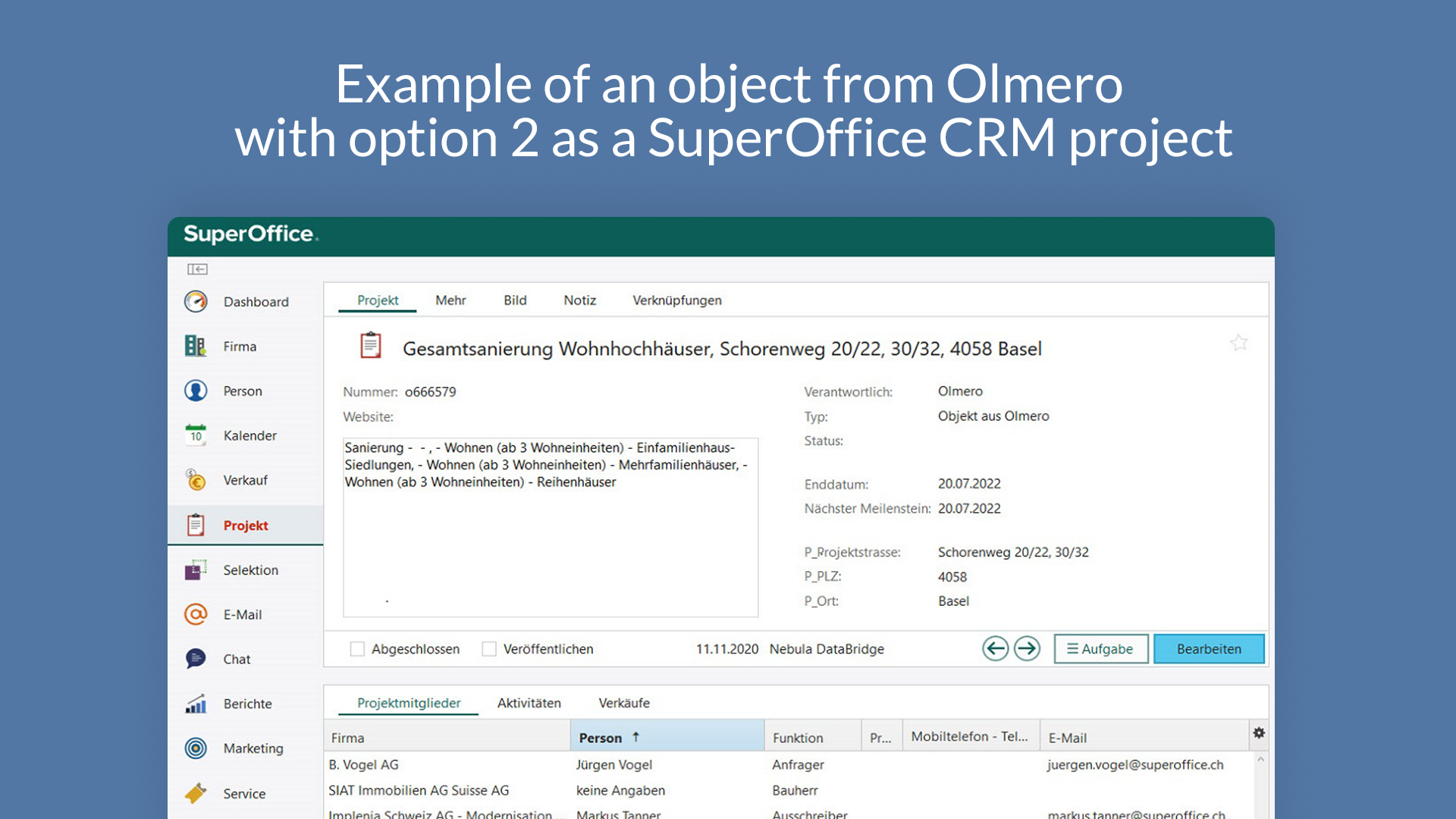 5. Example of an object from Olmero with Option 2 as a SuperOffice CRM project