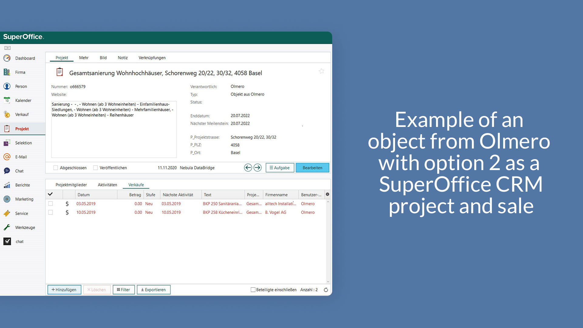6. Example of an object from Olmero with Option2 as a SuperOffice CRM project and sale